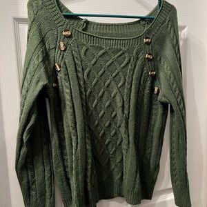 Green Cable Knit Sweater with Gold Button Accents